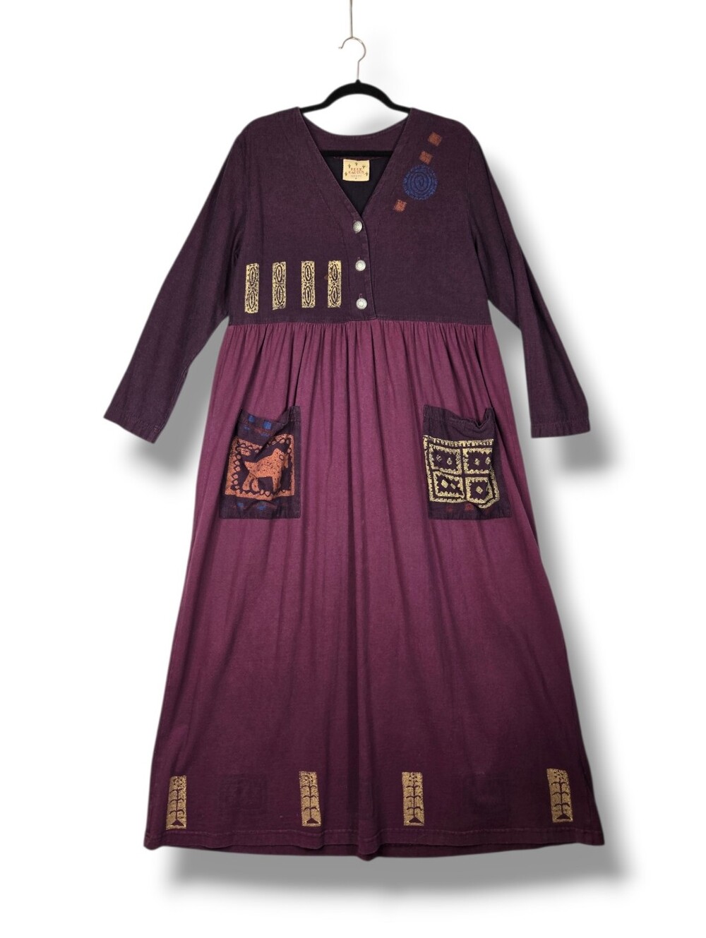 Vintage 90s Blue Cactus Oversize Artisan Shift Dress Burgundy Size Small